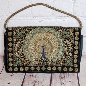 Handsewn Beaded Peacock Velvet Clutch
